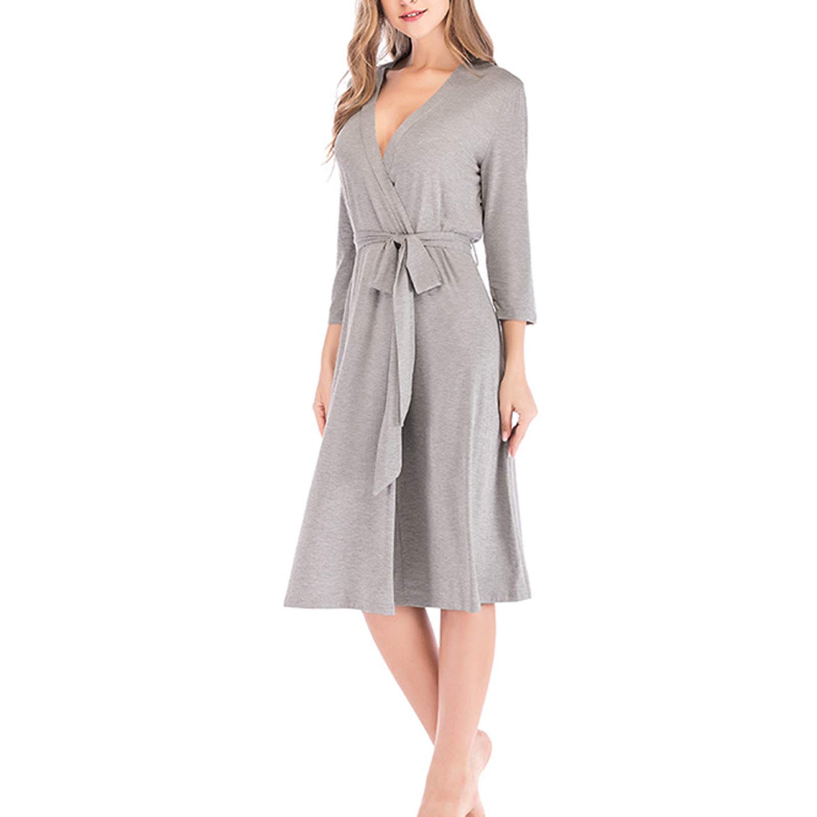 Peignoir sexy à col en V vêtements de nuit pour la peau en coton gris 1XL