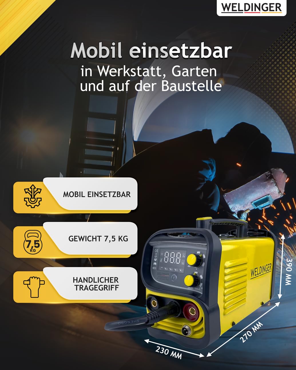 WELDINGER ME 130 mini Flux Fülldrahtschweißgerät + 1 kg Fülldraht + Fülldraht-Gasdüse + Stromdüsen MMA Lift-WIG abnehmbares Schlauchpaket 5 Jahre Garantie