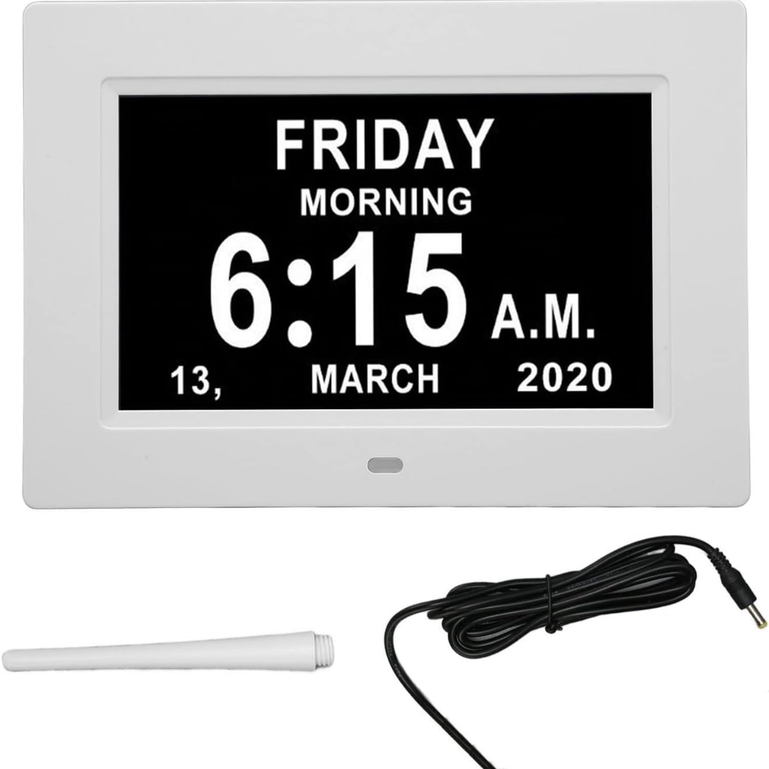 Despertador digital de 7 pulgadas con ajuste automático de brillo, pantalla LCD silenciosa, despertador con humedad y temperatura, para adultos y niños y enfermedad de Alzheimer (blanco)