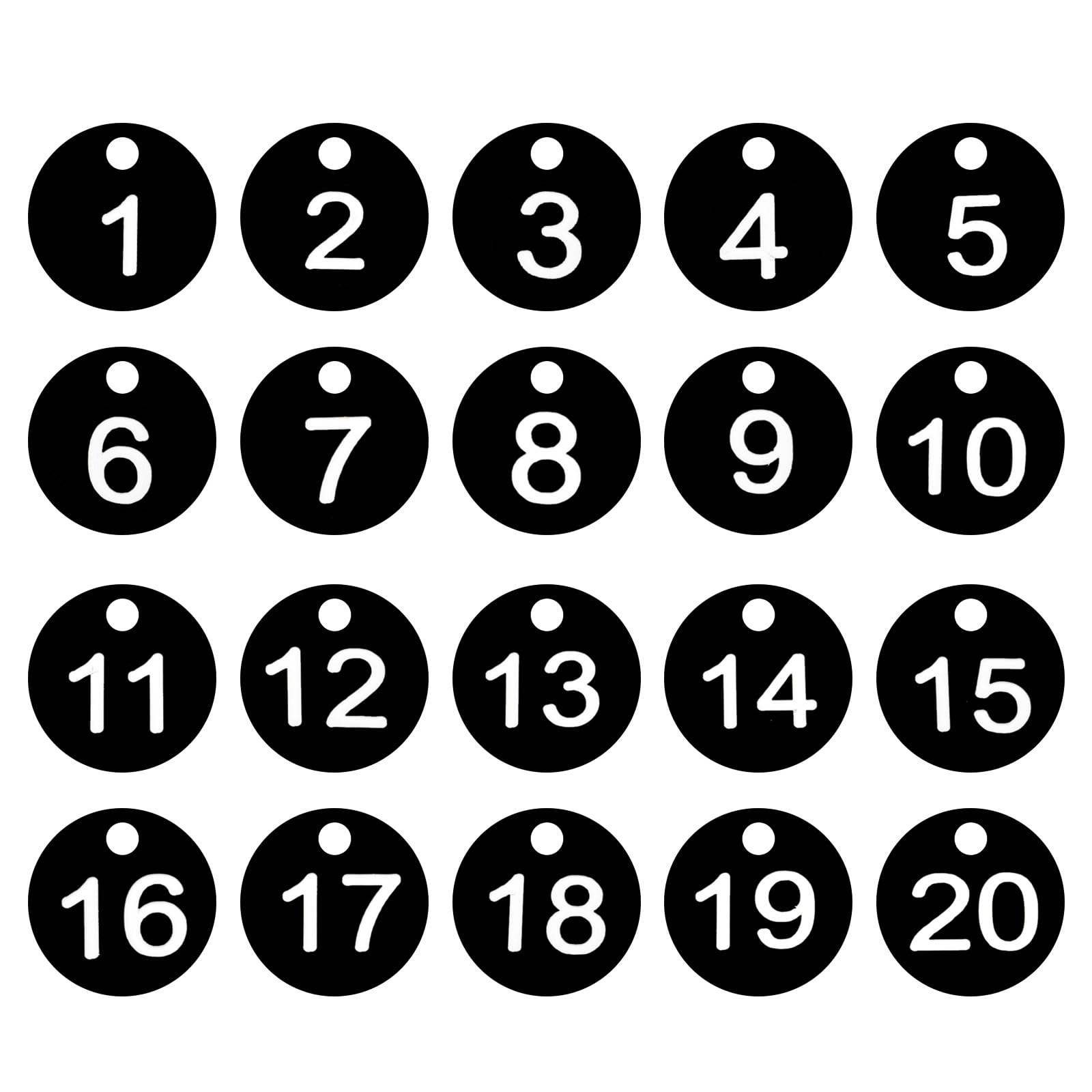 PATIKIL 1-20 Numbers Tags Plastic Round Numbered Marking Identify ID Key Hang Tag for Dormitory Key Chain Box Gym Cabinet Lockers, Black with White Text