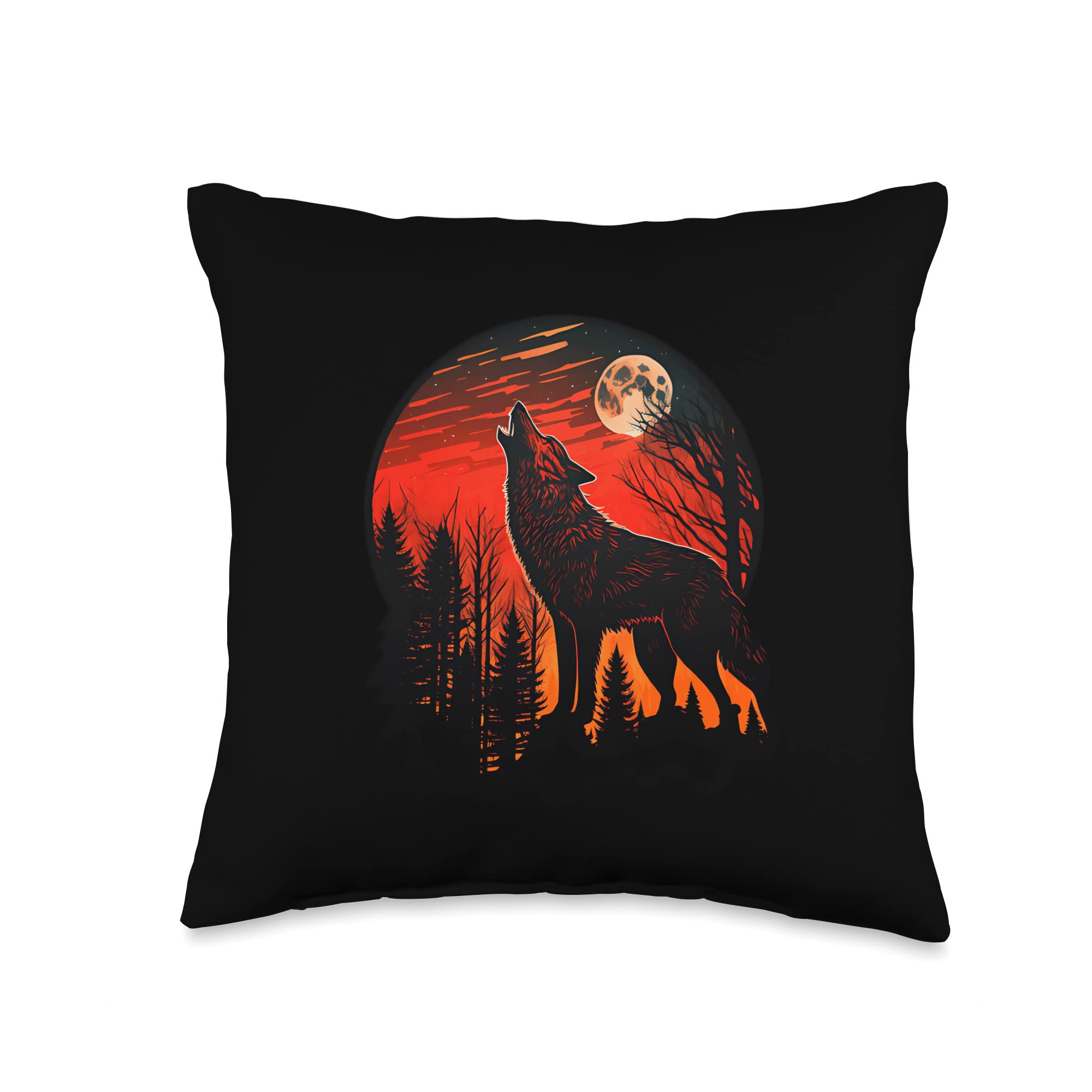 Red Moon Wolf Forest Nature I Gift Throw Pillow, 16x16, Multicolor