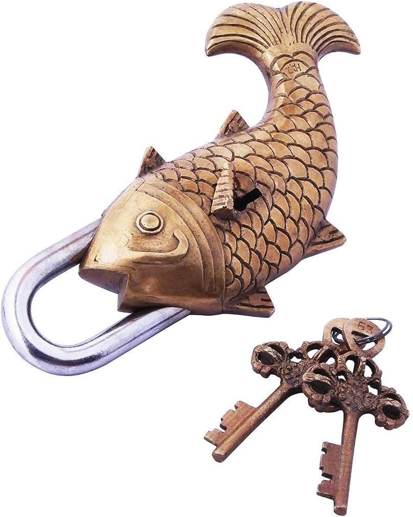 Handcrafted Antique Look Style Fish Brass Pad Lock Heavy Weight Indian Art Figurine - 7" x 3" x 1.5"