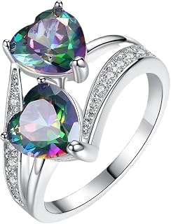 Silver Plated Double Heart Cut Created Blue Topaz Cubic Zirconia Filled Engagement Wedding Proposal Promise Twisted Band 2-Stones Love Ring for Women Lovers