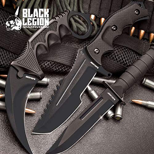 BLACK LEGION Triple Knife Set - Midnight Black | Karambit Knife, Survival Knife & Hunting Knife | Fixed Blade Knife with Sheath | Unique Cool Knives | Stainless Steel Blades | TPU Secure-Grip Handle