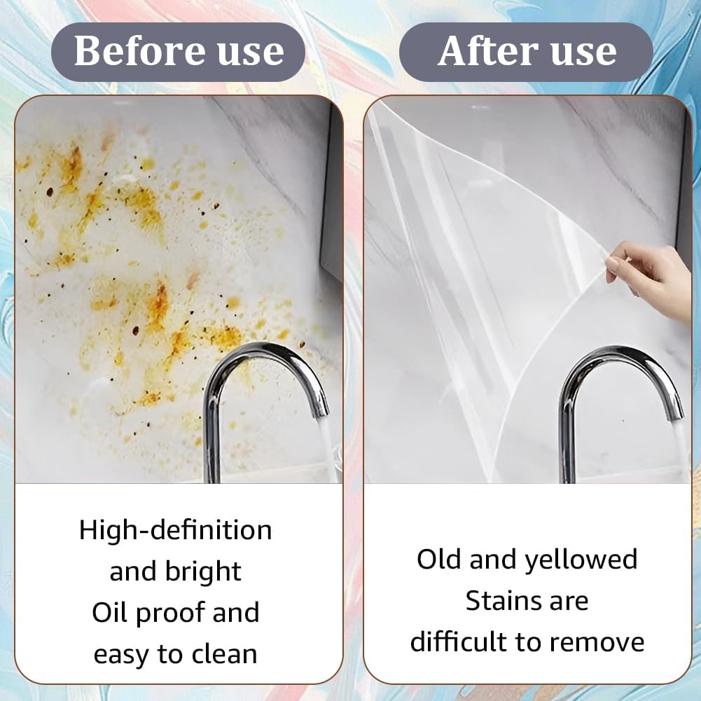 CREATCABIN Electrostatic Wall Protective Film Clear Wall Protector Transparent Plastic Static Cling Film Adhesive-Free Removable Contact Paper for Kitchen Dog Cat Splashes Scratches 393.7x15.8Inch