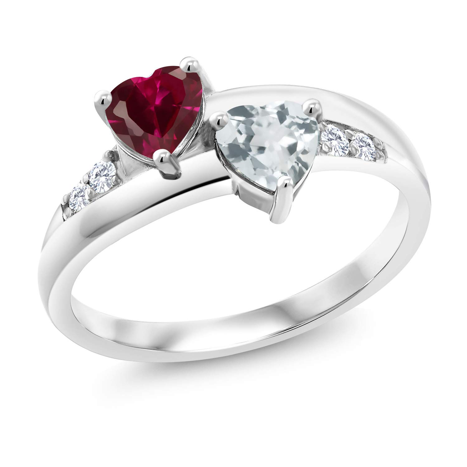 Gem Stone King 925 Sterling Silver Red Created Ruby Sky Blue Aquamarine and Lab Grown Diamond Women Engagement Ring (1.06 Cttw, Heart Shape 5MM, Available in size 5, 6, 7, 8, 9)