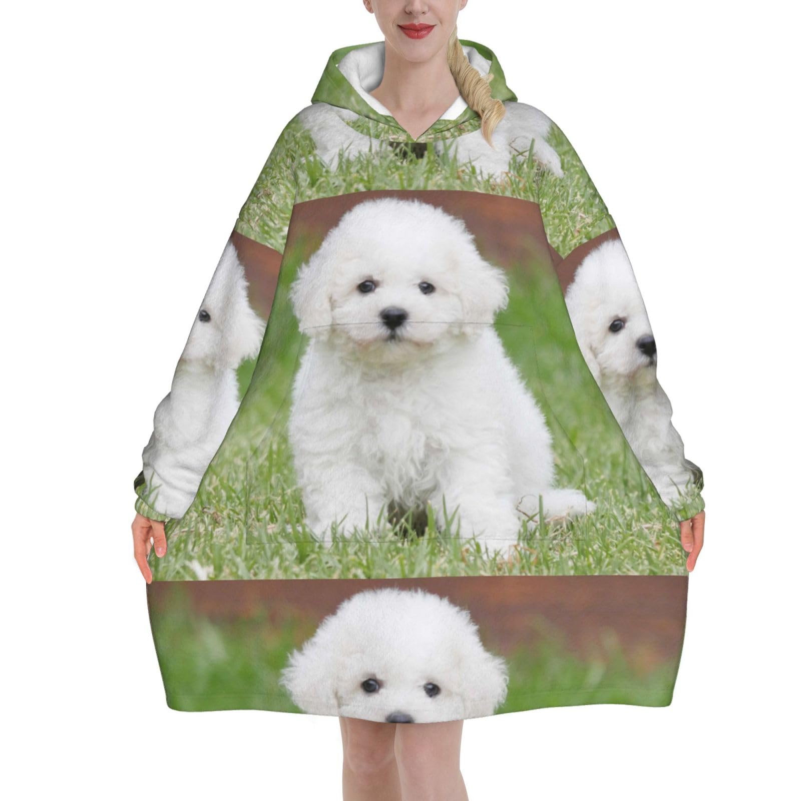 Sweat à capuche couverture flanelle Bichon Frisé : pull géant oversize avec poches - 8