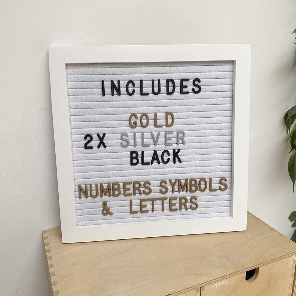 Black Friday Clearance Felt Letter Memo Message Board Set, Aesthetic Room Decor for Home or Office Display, 10 x 10 inch Rustic Wood Frame, Gold Silver Black Letters, Numbers and Emojis