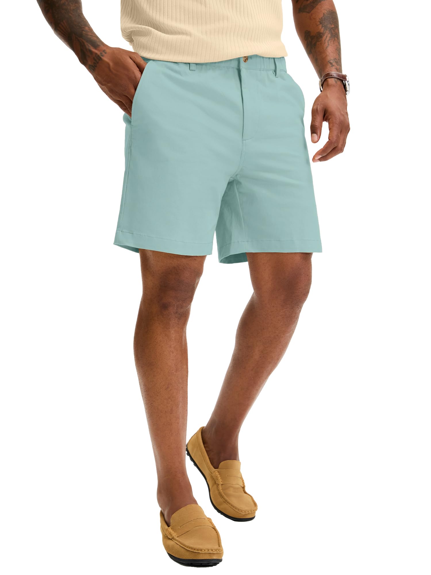 Comdecevis Mens Classic Fit Cotton Casual Shorts 7 Inch Chino Shorts Elastic Waistband
