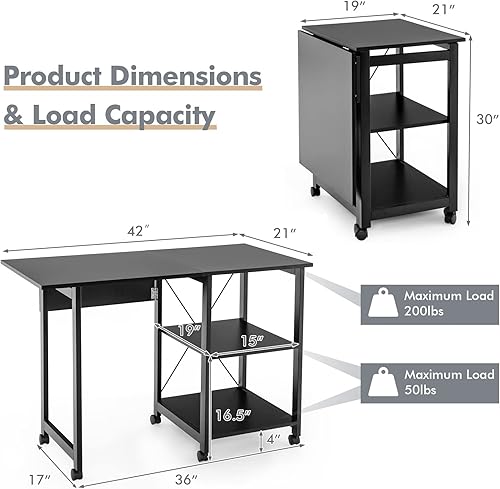 Miniatura 3 de Tangkula Escritorio plegable para computadora, mesa de escritura moderna con estantes de almacenamiento de 2 niveles, mesa de estudio para
