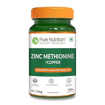 Pure Nutrition Zinc Methionine + Copper (45.7mg) – 120 Veg Capsules | High Absorption Zinc Supplement | Supports Immunity, Heart + Skin Health | Antioxidant + Cellular Protection | For Men & Women - image, photos