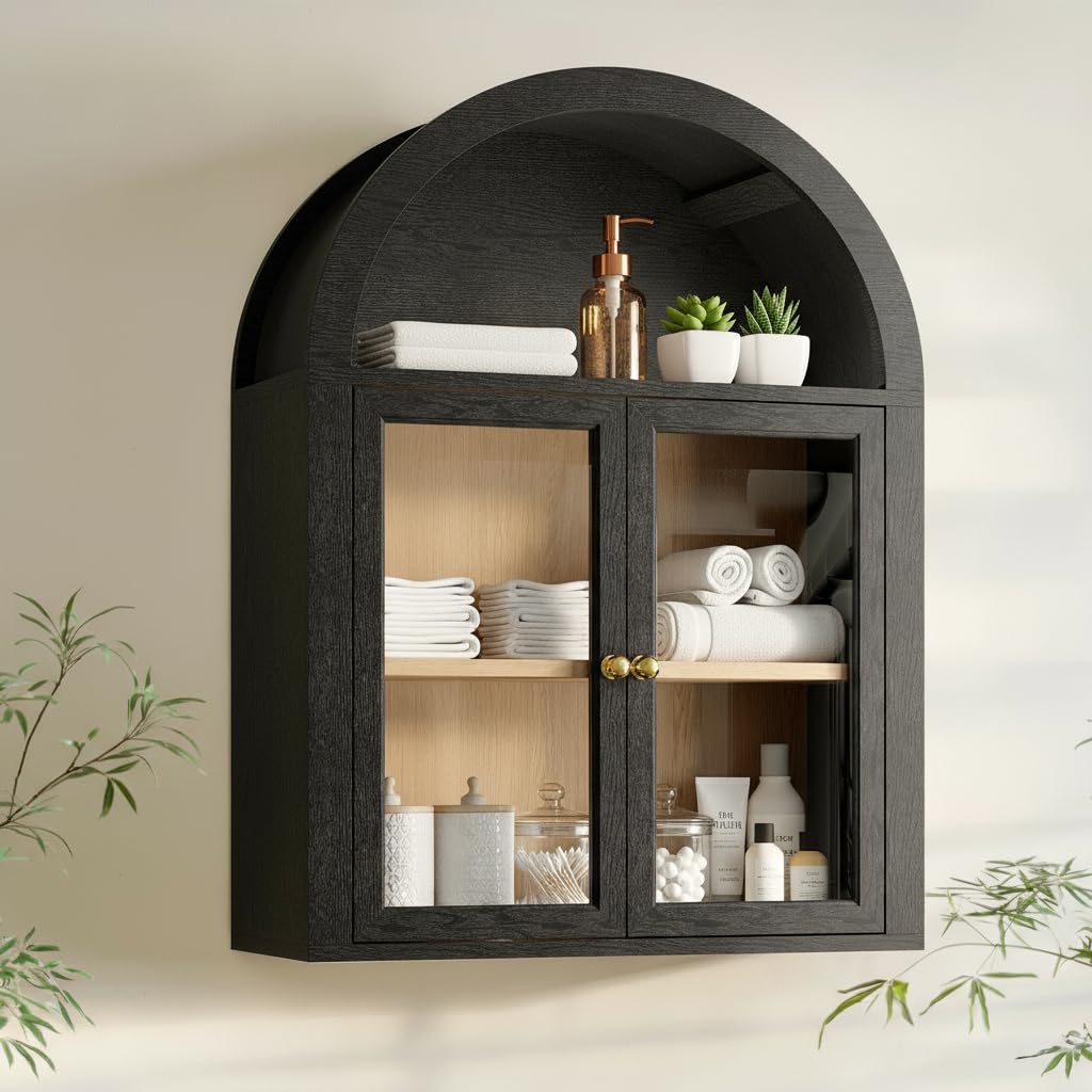 Black Arched Wall Cabinet,Glass Display Wall Mounted Cabinet with Tempered Glass Doors,Adjustable Shelves for Bathroom,Living Room, Kitchen