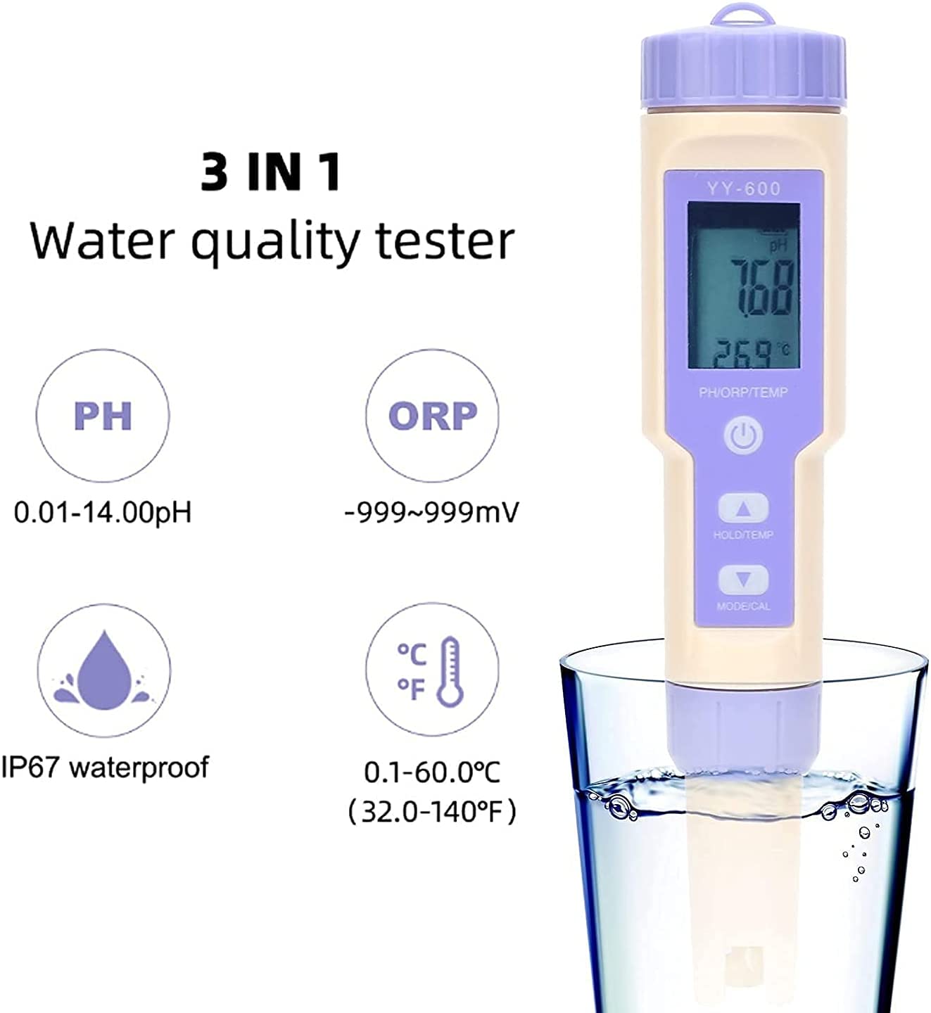 Precise 3 in 1 Test Pen Water Quality Testing Portable PH/ORP Temperature Tester for Testing RO Drinking Water Hydroponics Aquarium Swimming Pool Practical Water Quality Detector