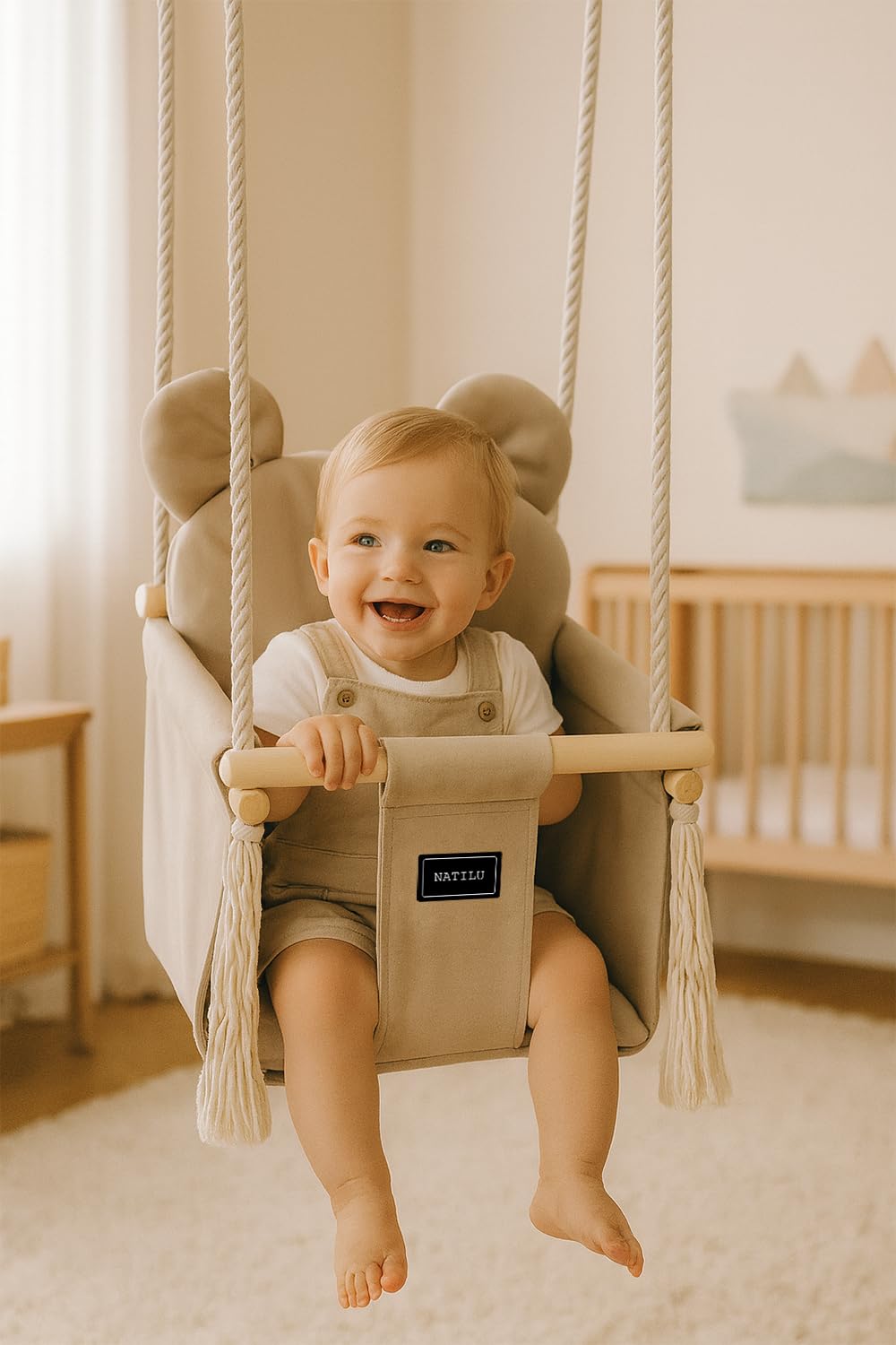 Altalena per bambini Bear Light Beige | altalena in legno per bambini | altalena con orsacchiotto | prodotto nell'Unione Europea