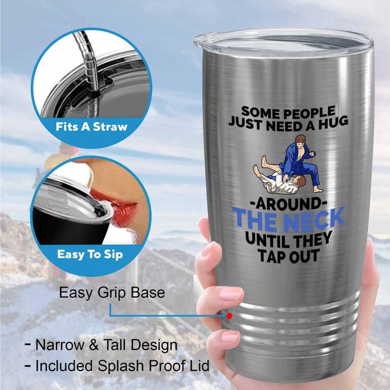 Jiu Jitsu Silver Tumbler 20oz - need a hug around - Martial Arts Gifts for Men Brazilian Jiu Jitsu Black Belts Martial Arts Fighter
