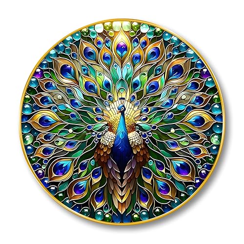 Image of SAF Vibrant Peacock Round Wall Art | 3D Embossed MDF Panel with Golden Rim | Multicolor Luxury Wall Decor | Modern Art Frame for Home Decoration and Gifting (23 x 23 Inch) GR-305