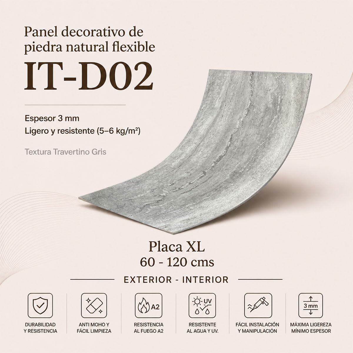 Panel piedra flexible TRAVENTINO GRIS IT-D02 60x120 cm - 3-5 mm ultrafino, ligero, curvable, resistente, interior y exterior, sin obra, textura real x4 uds acabado premium.