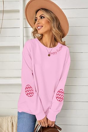 BANGELY Women Happy Easter Sweatshirt Cute Easter Egg Graphic Long Sleeve Shirt Easter Letter Print Pullover Sweatshirts