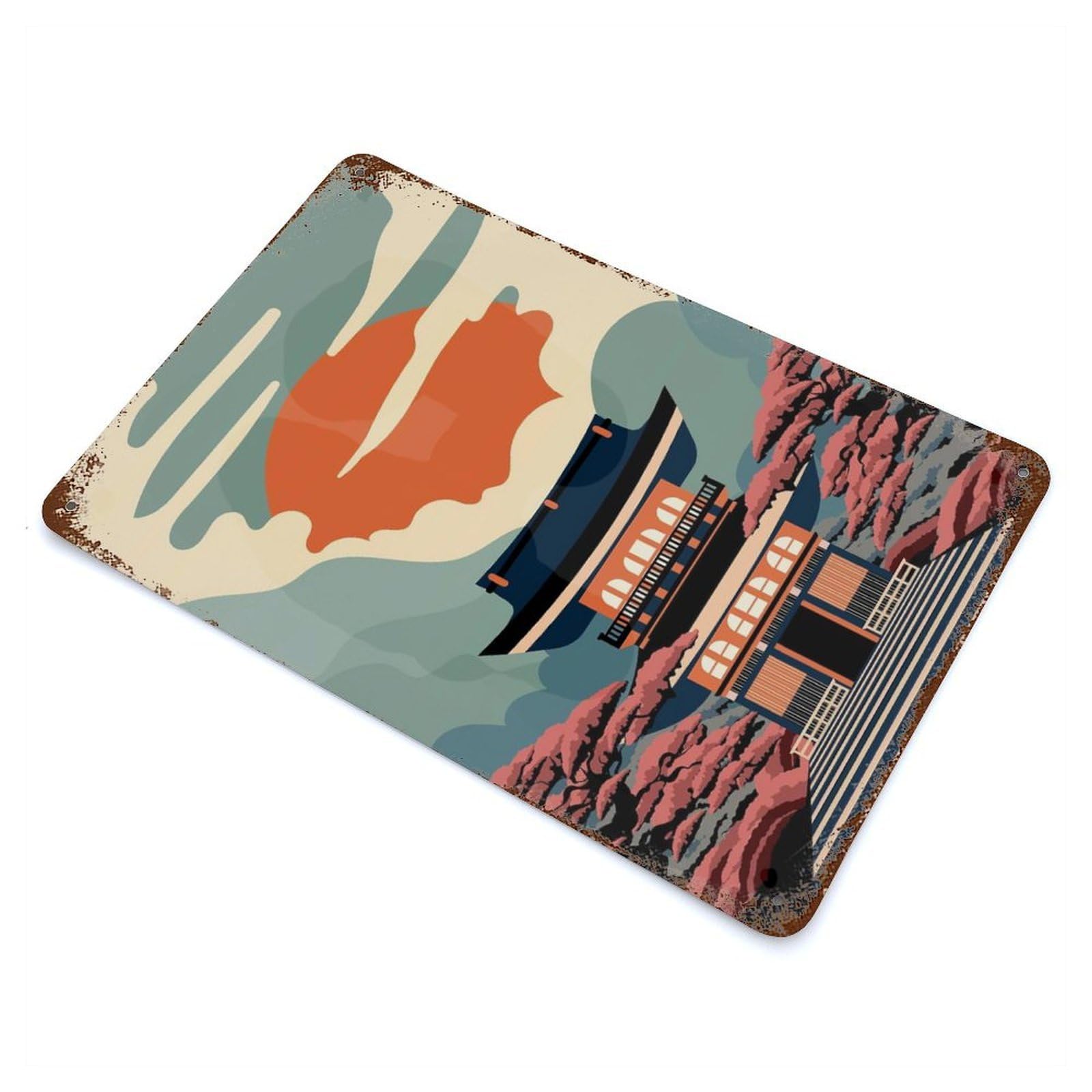 Pagoda Blossoms Rust Effect Tin Sign 11.8"x7.9", Industrial Home Decor for Bistro, Counter And Cafe Decor