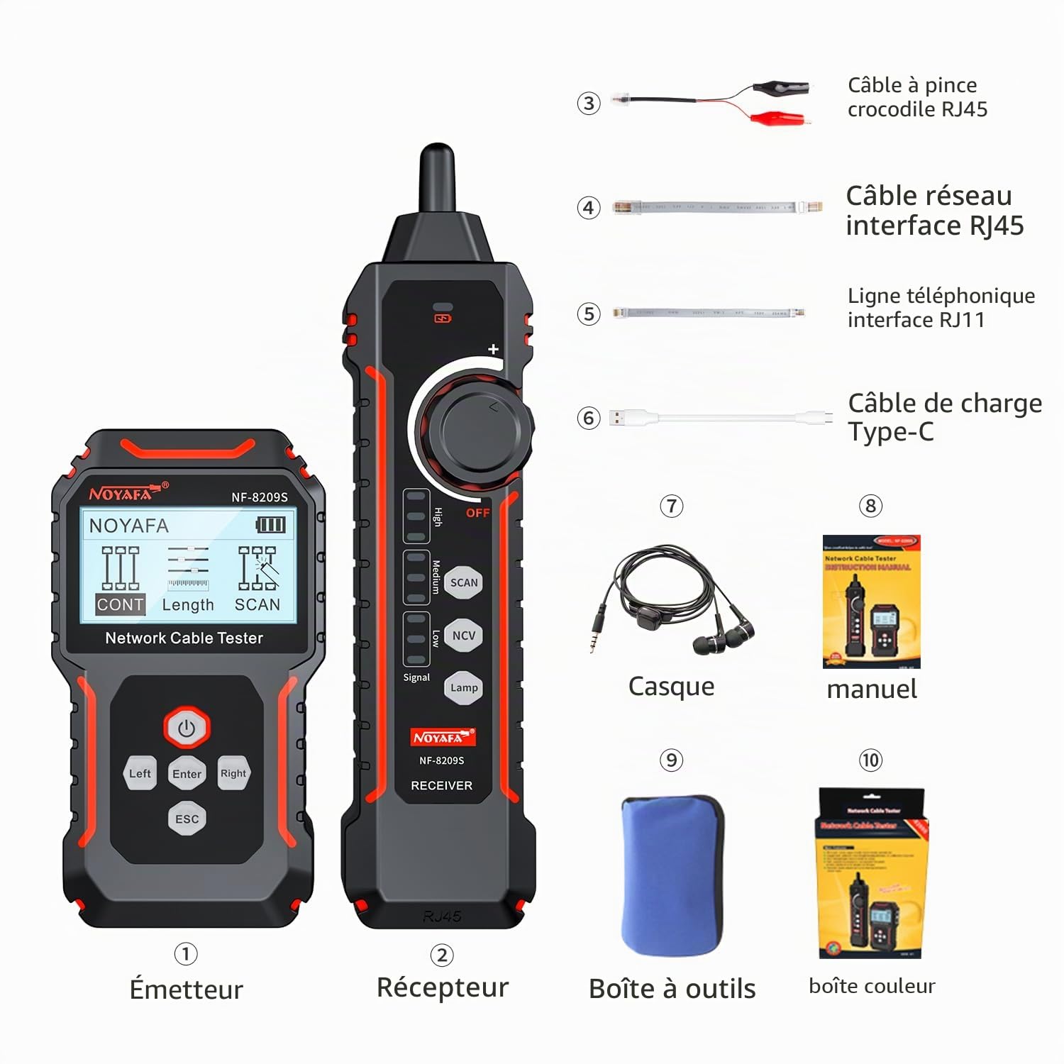 NOYAFA Testeur de câble réseau avec POE, traceur de fils avec test de longueur de câble, clignotement de port, NCV pour câble réseau, prend en charge le chargement de type C NF-8209S