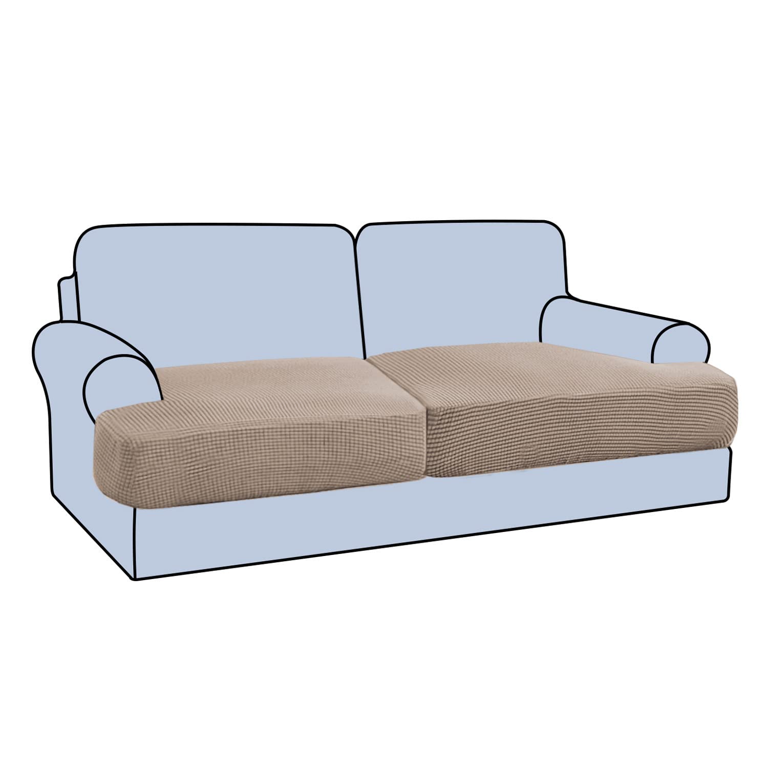 KYJSW T-shaped/Rectangular Sofa Cushion Cover, Tartan Stretch Non-slip Individually Sofa Slipcovers with Elastic Bottom and Straps (Camel color,2-seater)
