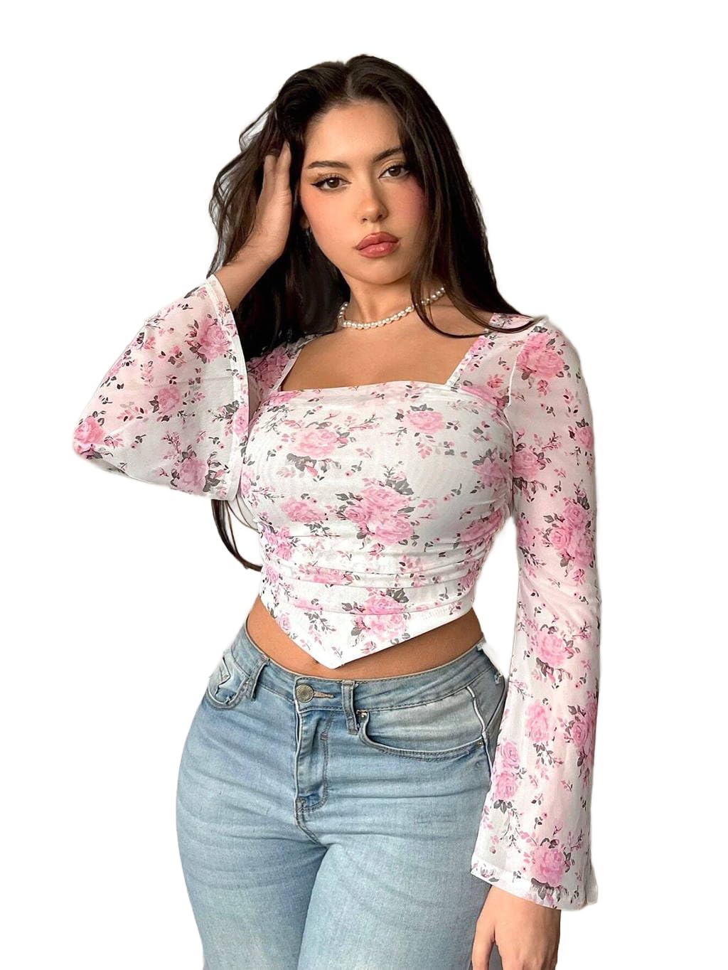Floral Print Slim‑Fit Crop Top with Square Neck & Bell Sleeves Casual for Women, 95 % Polyester/5 % Elastane Knit, Trendy Crop Tee for Jeans and Skirts