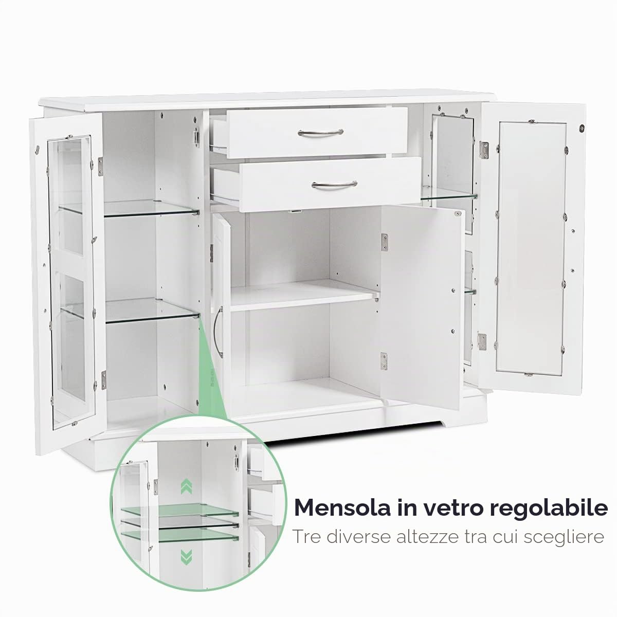 GIANTEX Credenza e Buffet a Ripiani, con 4 Ante e 2 Cassetti, Mensole Regolabili, Armadietto Laterale per Soggiorno, Sala da Pranzo, Cucina, 107 x 30 x 82 cm, Bianco