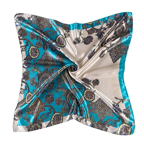 Datework Women Printed Square Head Wrap Neck Satin Shawl (Blue)