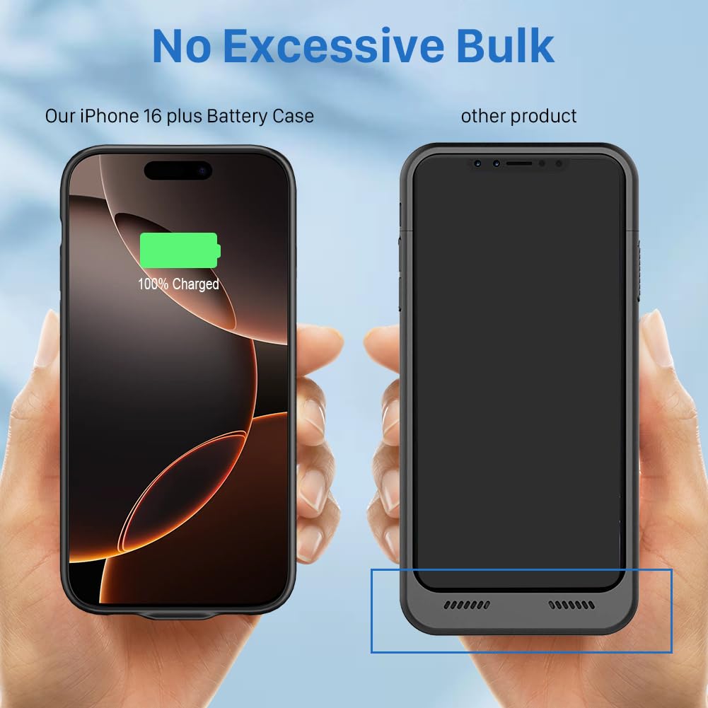 LCLEBM Custodia per iPhone 16 Plus, 7000 mAh, aggiornamento ad alta capacità, batteria ricaricabile estesa, cover protettiva portatile intelligente di backup per iPhone 16 Plus (1 confezione)