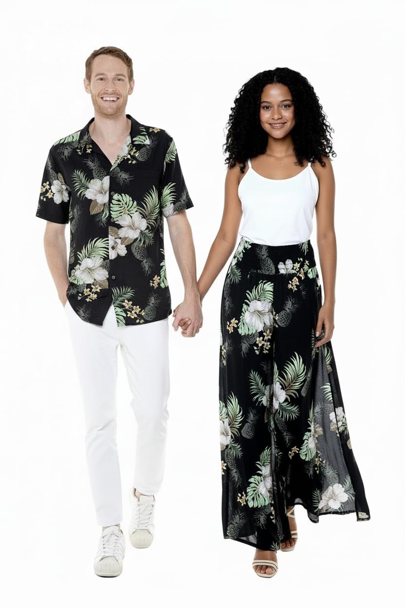 Matchable Couple Hawaiian Luau Shirt or Wide Legged Pants in Pineapple Garden Black
