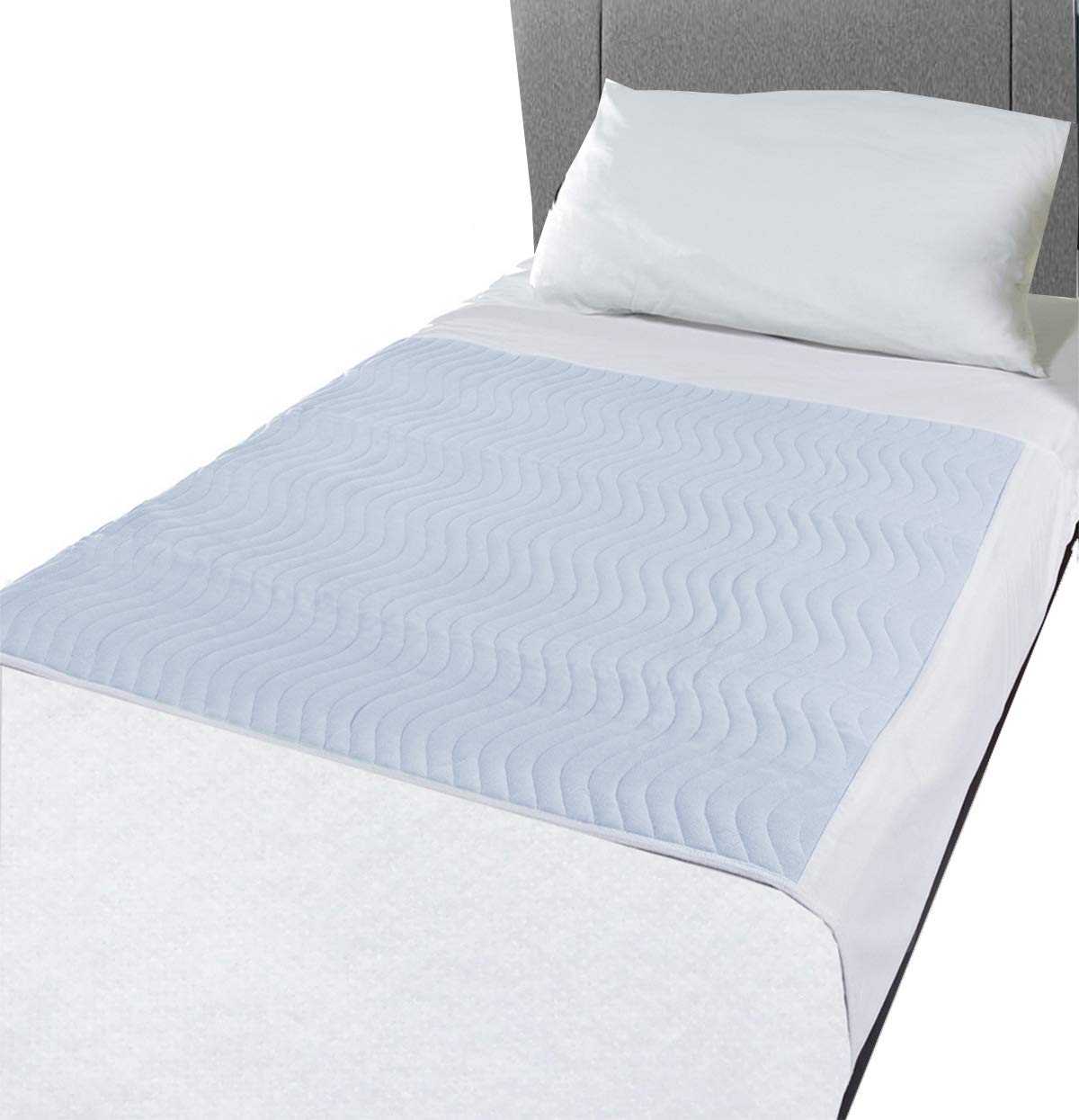 Comfortcare Blue Upper Surface, White Lower Surface, Tucks White Toilet Training Small Sleep Mat—Your Essential Waterproof Mattress Protector. Measuring 75 X 90 Cm (29½ X 35½ Inches) And 50 Cm Tucks On Each Side To Secure It In Place,