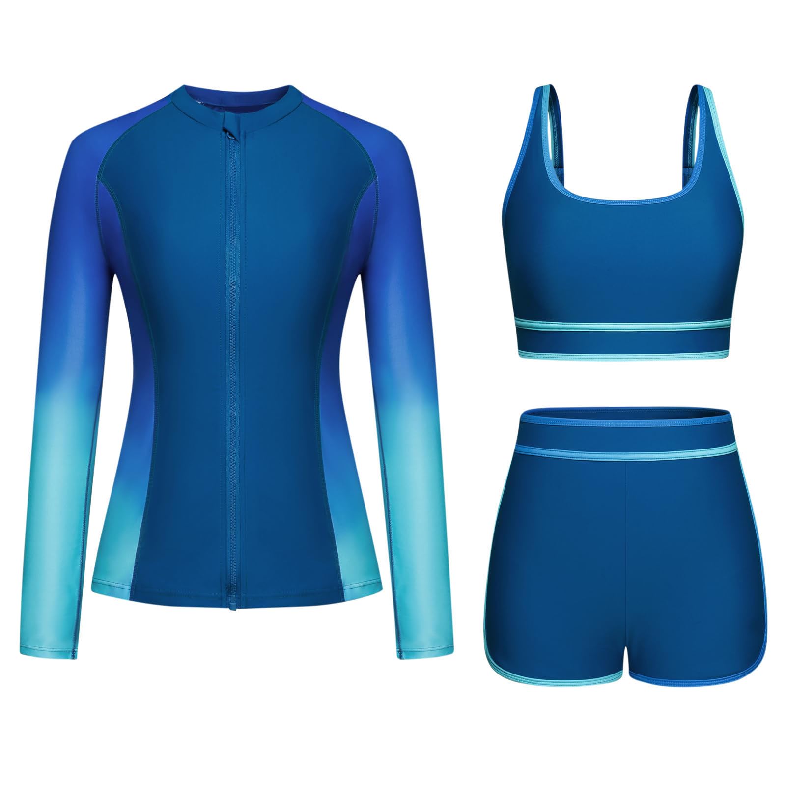 Traje de baño de 3 piezas para mujer con protección UV UPF 50+ manga larga y cremallera