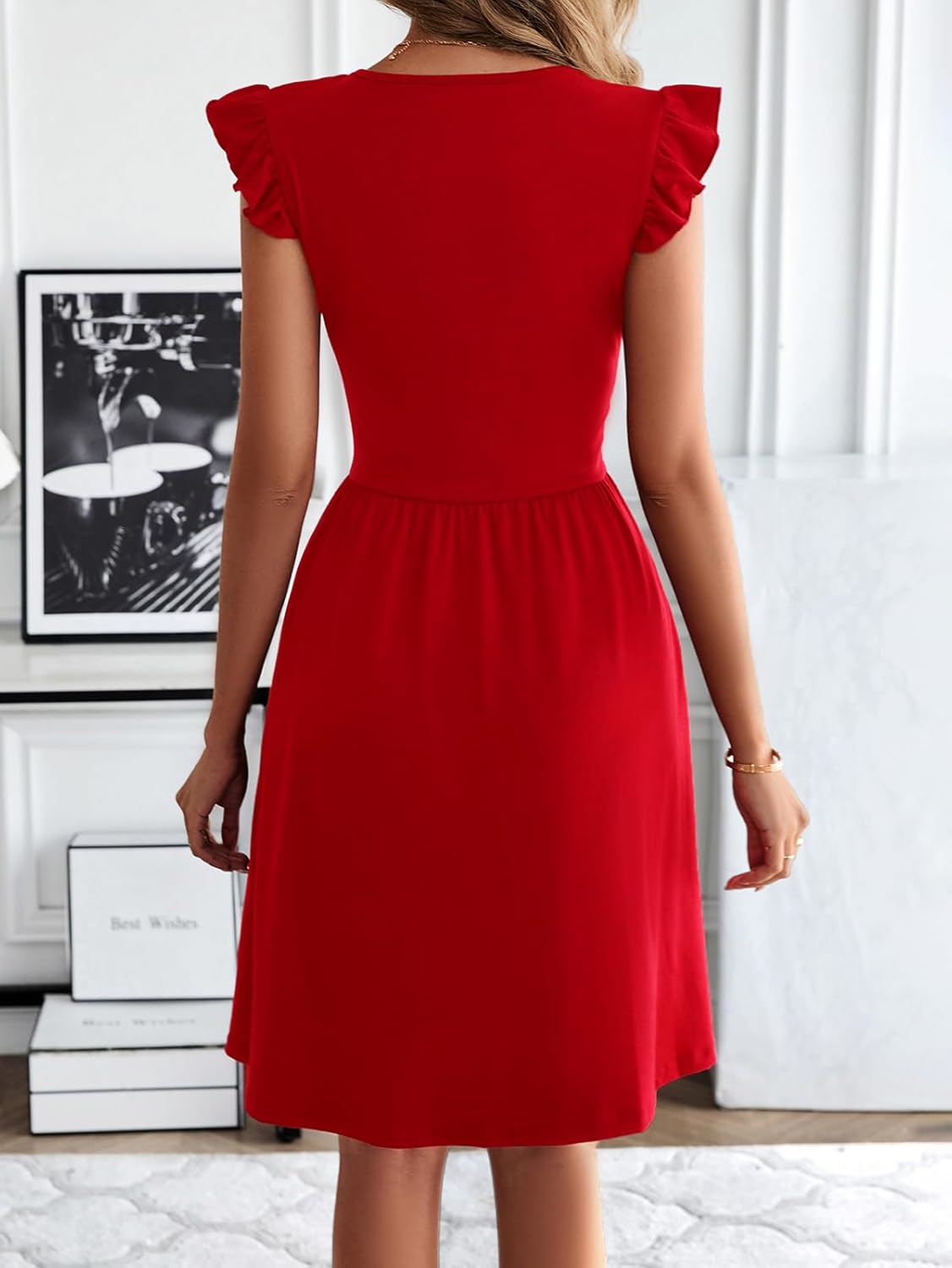 HELYO Women's Summer Dresses Cute V Neck Ruffle Sleeve Cocktail Short Work Casual Dress with Pockets 648 - Image 2