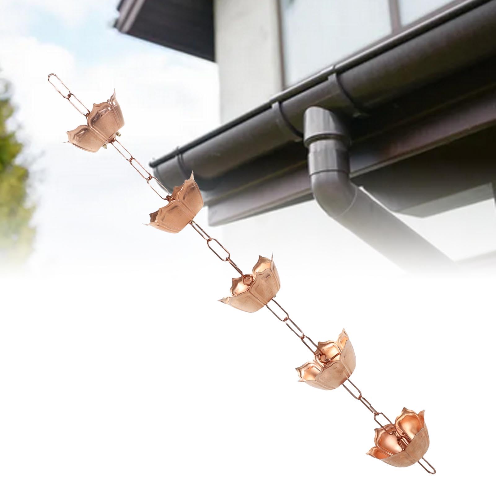 Buachois Catene Antipioggia Rame Coppa di Loto per grondaie 1M Decorativo Raccoglitore di Pioggia Esterno Resistente Grondaia di Ricambio 5 Fiori per Esterno Villa Giardino Parco