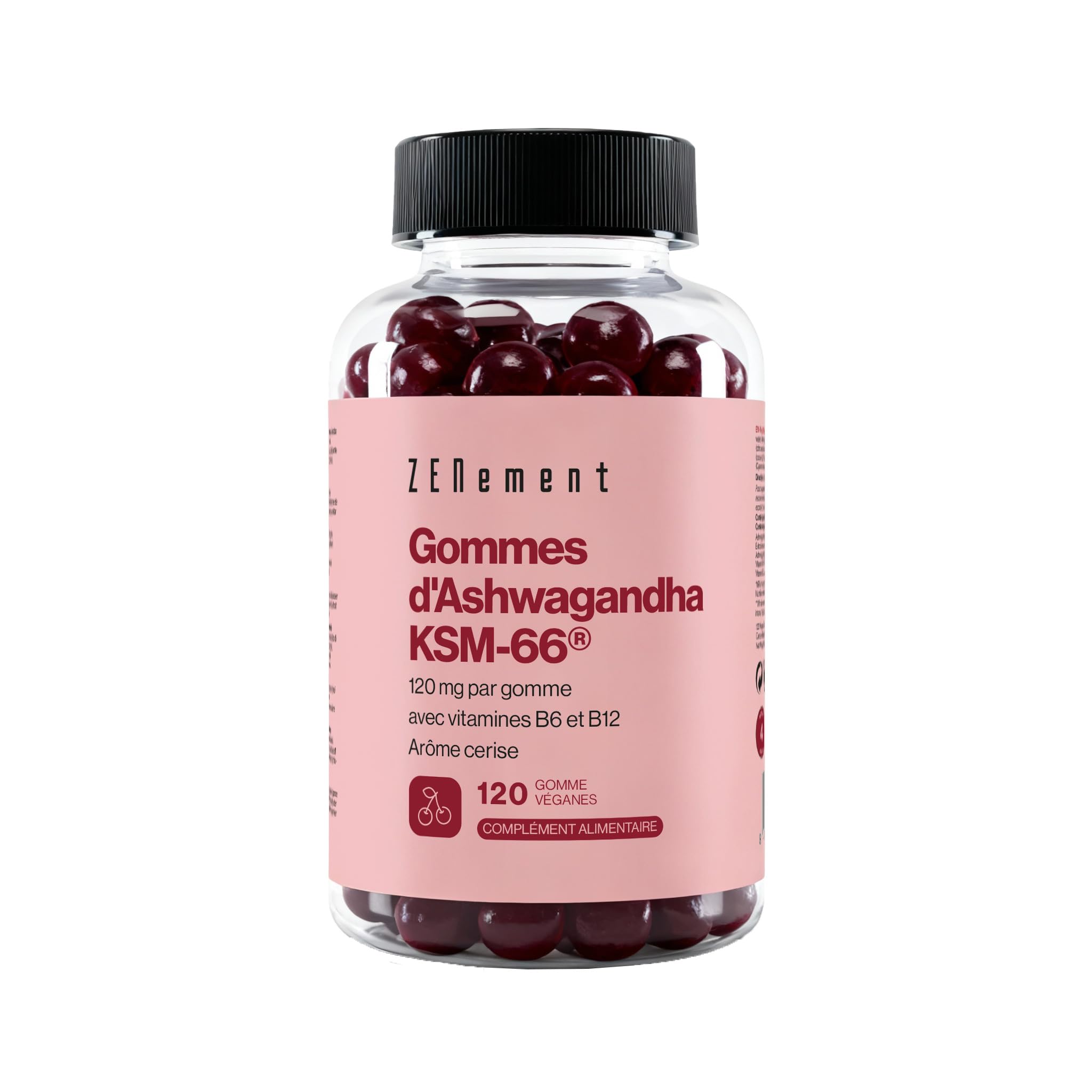 Gommes à l’Ashwagandha KSM-66® avec Vitamines B6 et B12-1500 mg de Racine d’Ashwagandha (120 mg d’Extrait par Gomme) - 120 Gommes Véganes Goût Cerise - 4 Mois d’Approvisionnement – Zenement