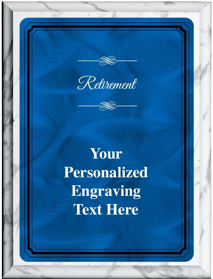 Crown Awards 7"X9" Blue Metal Plate Retirement Plaque, Personalized Retirement White Marbleized Plaque Award with Your Text Blue Plate Prime