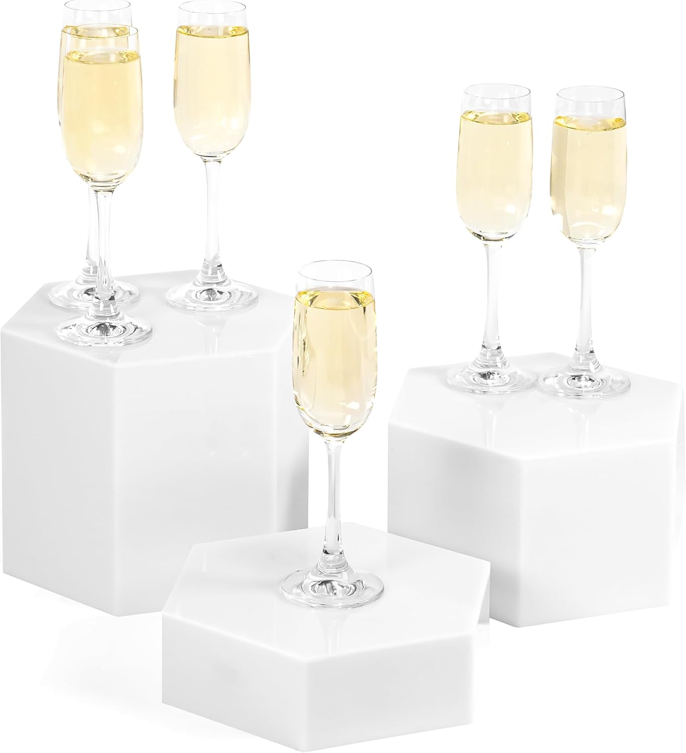 Red Co. Set of 3 Glossy White Hexagonal Acrylic Jewelry Display Stand Risers with Hollow Bottoms