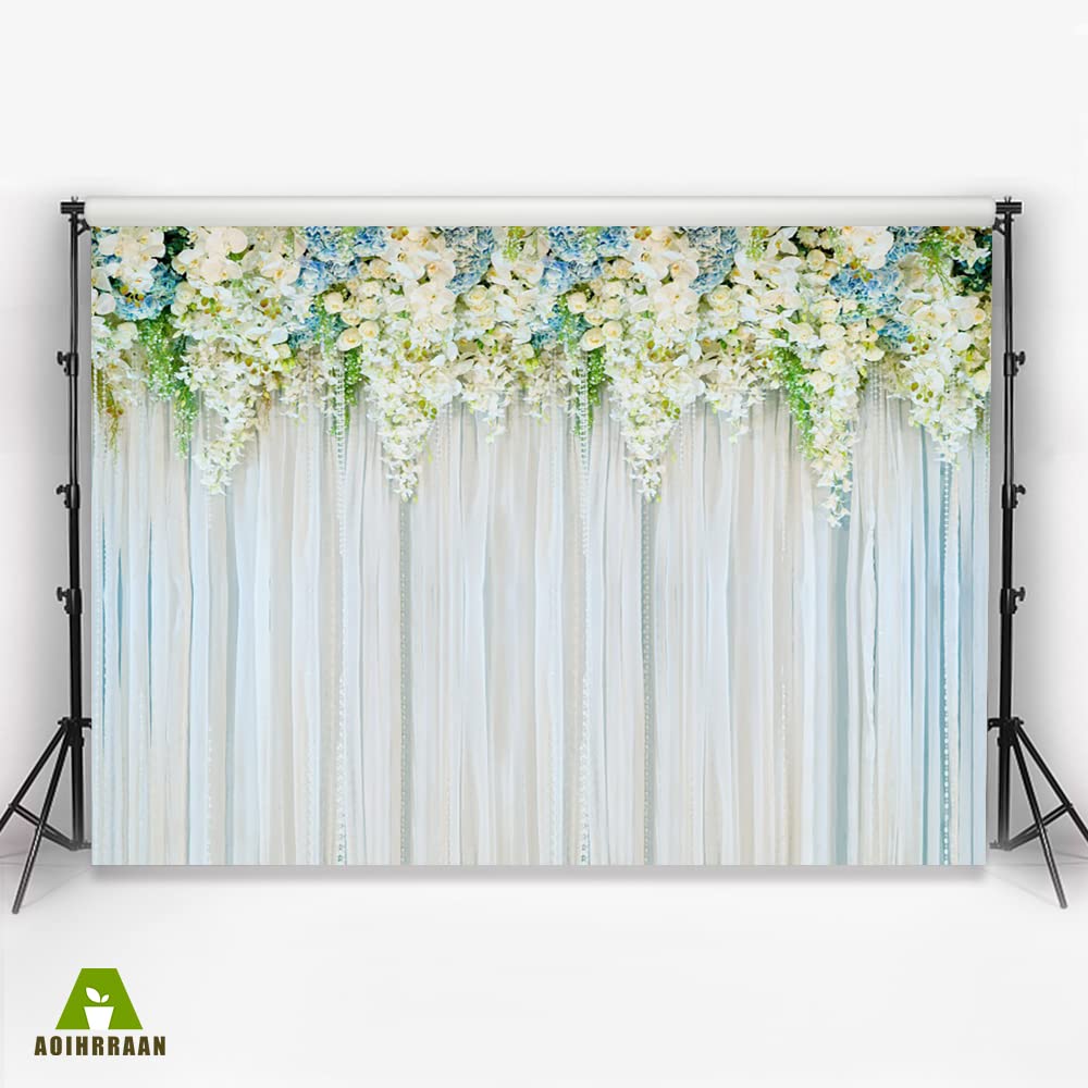 Aoihrraan 3x2m Wedding Backdrop Fiore Floreale Blossom White Curtains Wall Photography Background Bridesmaid Girl Wedding Bridal Shower Anniversary Party Cake Table Decoration Photo Booth Props