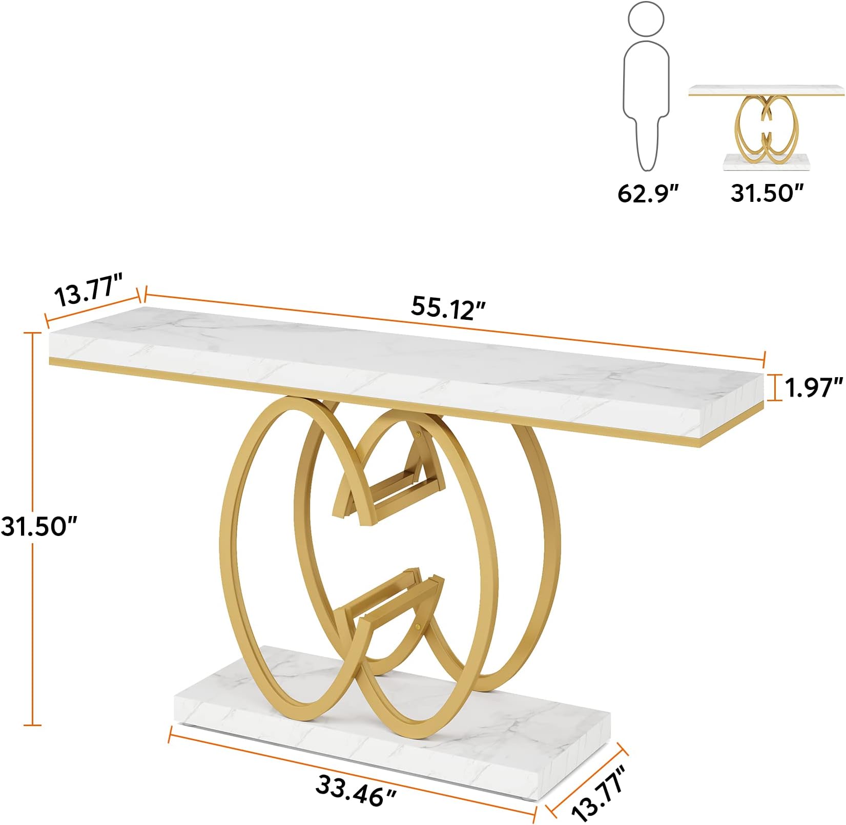 Tribesigns 140cm C Shape Faux Marble Hall Console Table Gold Faux Marble Entrance Table Modern Accent Table for Living Room Hallway Sofa Gold White