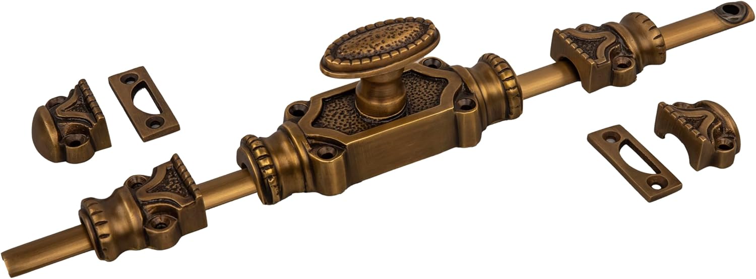 Antique Brass Cremone Bolt Set - Solid Brass Cabinet Hardware with 2' Rods & Handle, Perfect for Cabinets & Restoration Projects, Easy One-Side Operation for Timeless Charm