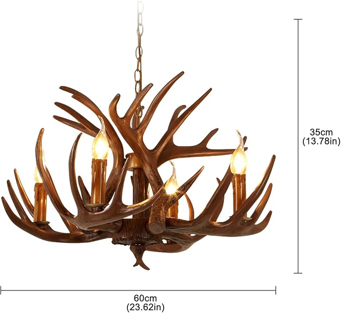 EsEntL Gewei kroonluchter, bruine vintage hars gewei lamp 4 lampen, landelijke stijl gewei decor kroonluchter verlichtingsarmaturen voor eetkamer, keuken, bar, woonkamer (7 geweien + 4 lampen) photo 3