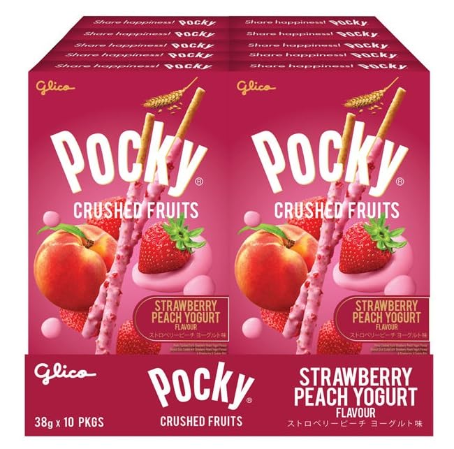 Pocky Stick Crushed Fruits, Strawberry Peach Yogurt Flavour, 38gm X 10 Box