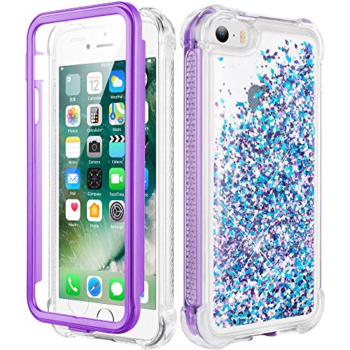 Caka iPhone 5 5S Case, iPhone SE (2016) Glitter Full Body Case with Built in Screen Protector Bling Sparkle Floating Liquid Girls Girly Women Cute Protective Case for iPhone 5 5S SE (Blue Purple)
