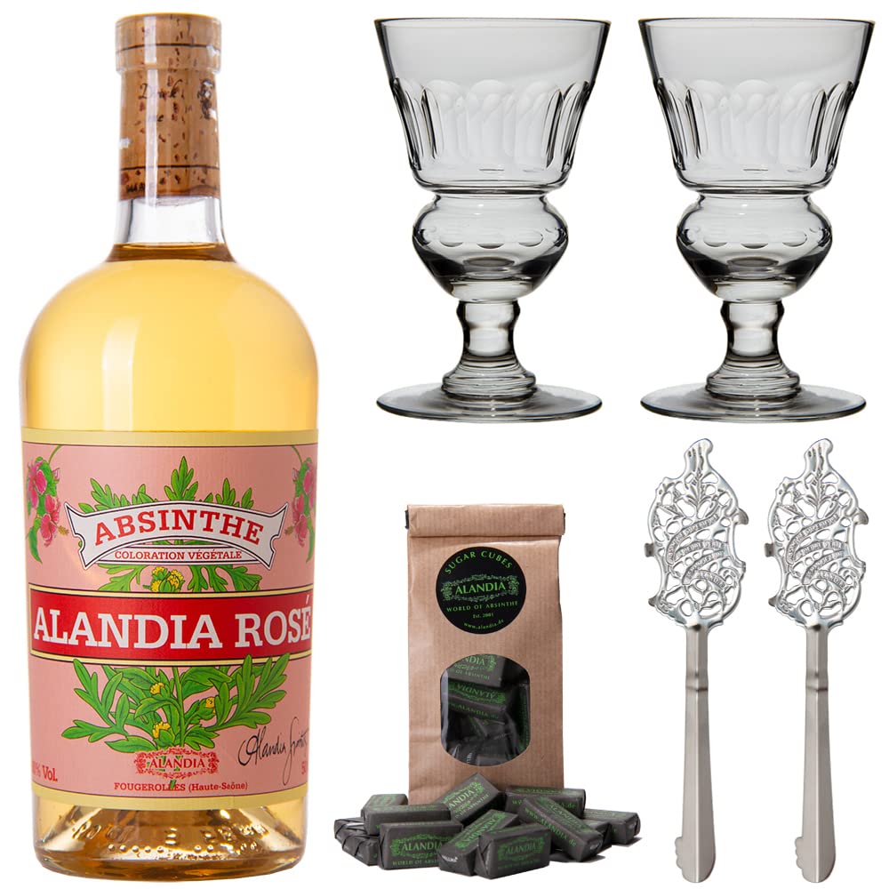 Absinth Set ALANDIA Rosé | Mit Hibiskusblüten | 2x Mundgeblasene Gläser | 2x Edelstahl Löffel | 1x Zucker | (1x 0,5 l)