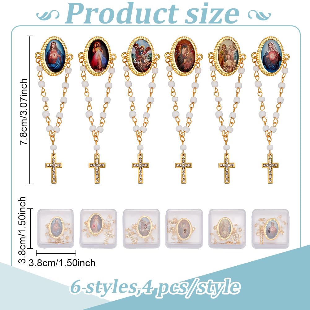ORIGACH Lot de 24 épingles à épinglettes de 6 styles avec boîte cadeau pour première communion, baptême, fête pour invités, religieux, catholiques, cadeaux de communion