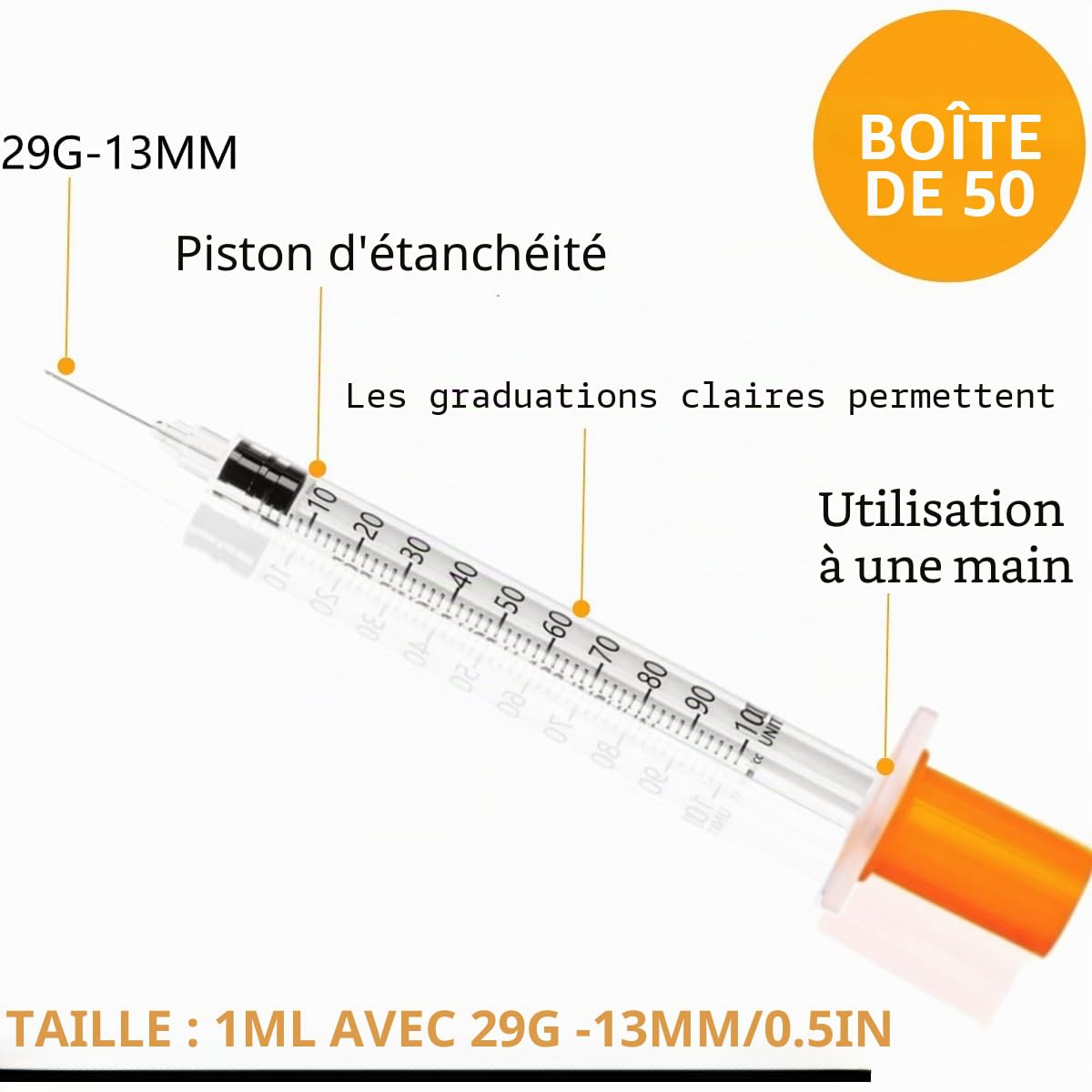 Fournitures de laboratoire jetables de calibre 29, 1 cc, 1 ml, 13 mm, emballées individuellement, lot de 50