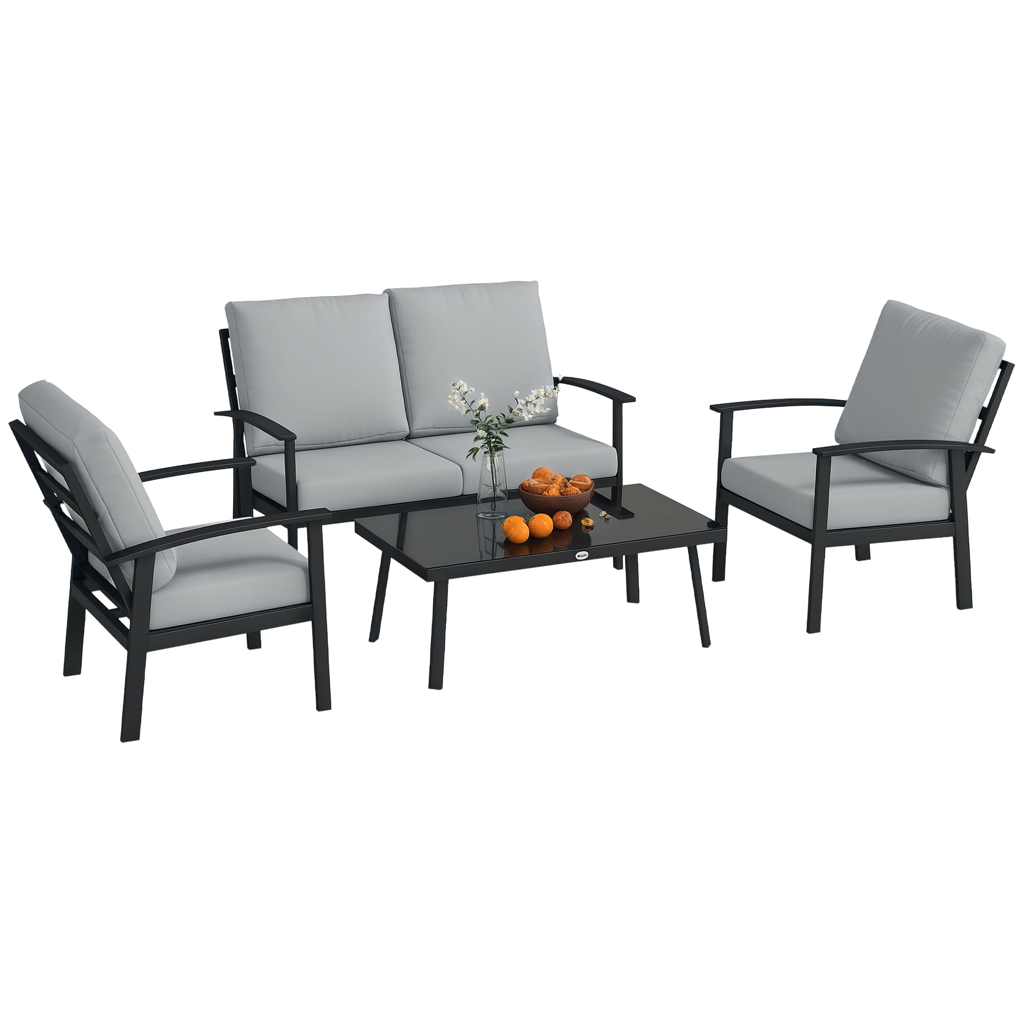 Outsunny Set Salotto da Giardino da 4 Pezzi in Alluminio, Set di Mobili con Divanetto da Esterno a 2 Posti, 2 Poltrone e Tavolo da Caffè con Piano in Vetro e Cuscini Sfoderabili, Grigio Carbone