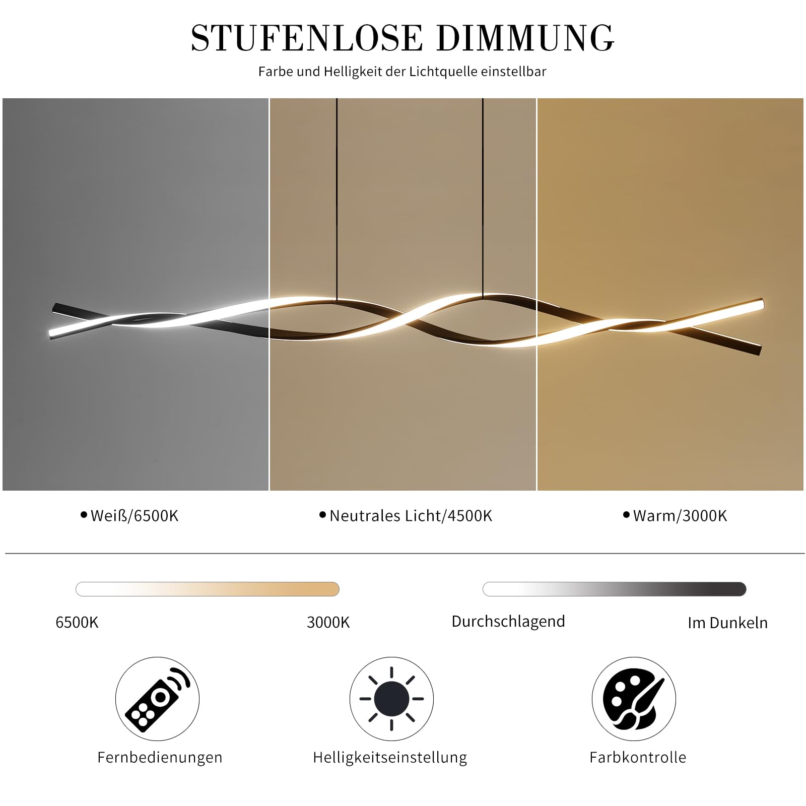 Mikeru 150CM Luce a Pendente Onda, Luce a Onda Isola Nera Moderna 3000K/4500K/6500K 3 Colori 10%-100% Dimmerabile Lampadario Lineare Regolabile con Lunghezza del Cavo Regolabile per Soggiorno