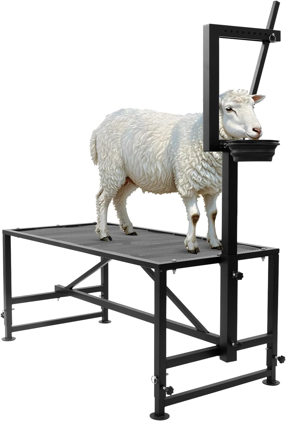 47In Goat Milking Stand, 600Lbs Capacity Metal Livestock Stand with Adjustable Headpiece & Feeding Bin for Goat Sheep Calf Milking Hoof Trimming Shearing (Black)