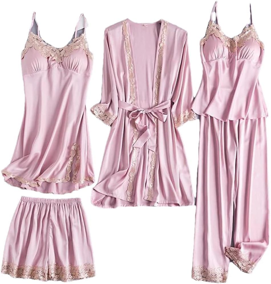 Haitpant 5Pcs Robe Set Satin Rayon Bathrobe Women Sexy Kimono Bath Gown Loose Sleepwear Nightwear Bridesmaid Robes Suit